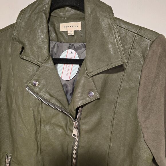 Promesa FAUX LEATHER Moto JACKET Medium Womens Green Biker Grunge Lightweight - Picture 3 of 11